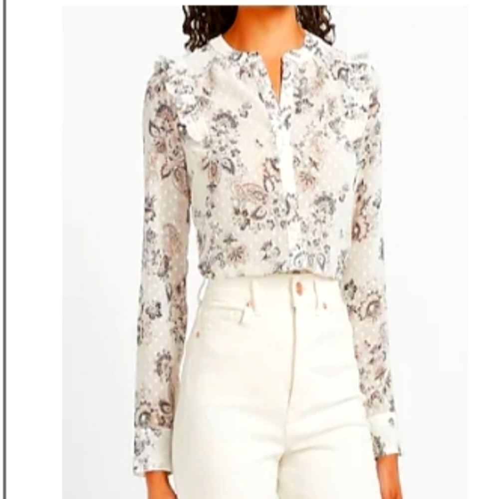 Express Floral Polka Dot Print Ruffle Shirt